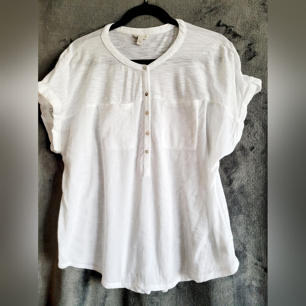 Lucky Brand Women's Stressless Blouse Cotton/Viscose White Henley Neck XL - Picture 2 of 16